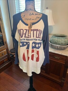 Free People White and Navy Raglan Led Zeppelin Graphic Tee